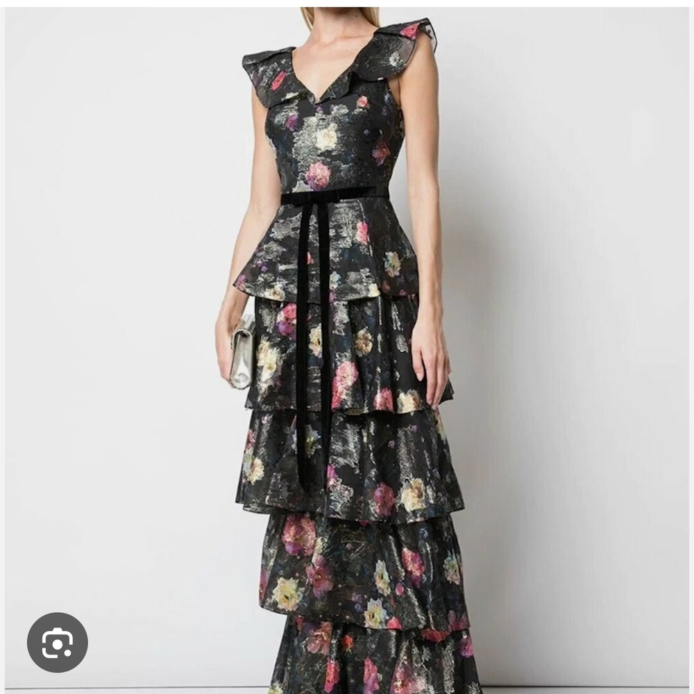 Marchesa Notte Floral Tiered Black Dress